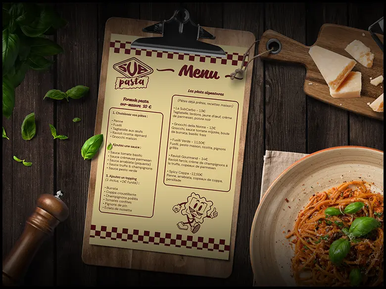 un menu sur un support avec une assiette de pates à coté